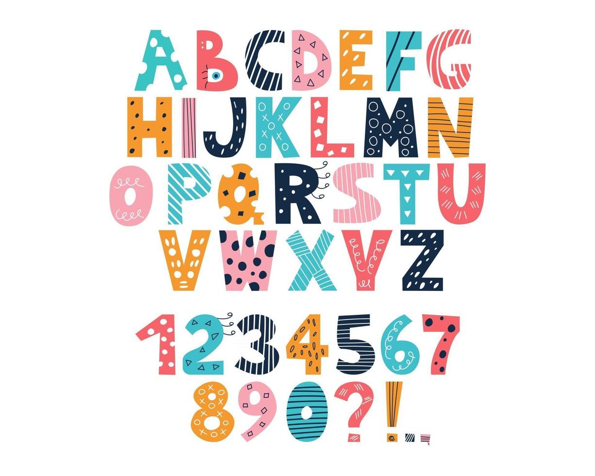 Latijns veelkleurig alfabet en cijfers van 0 tot 9 in de stijl van doodles op een witte achtergrond schattig helder vector Engelse hoofdletters grappig handgetekend lettertype