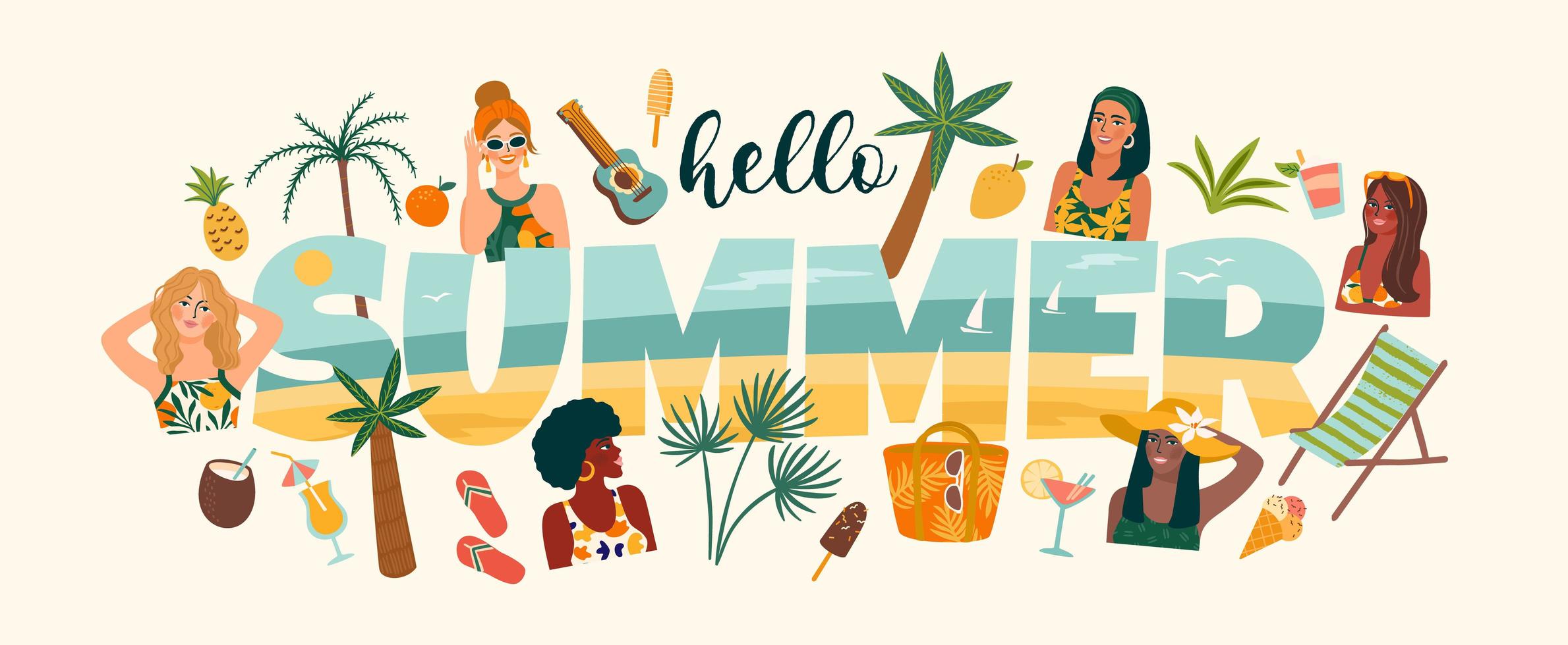 zomer illustratie met schattige vrouwen vector