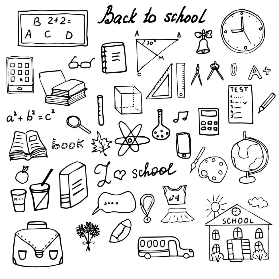 terug naar school levert schetsmatige notebook doodles set met belettering hand getrokken vector illustratie ontwerpelementen op bekleed schetsboek