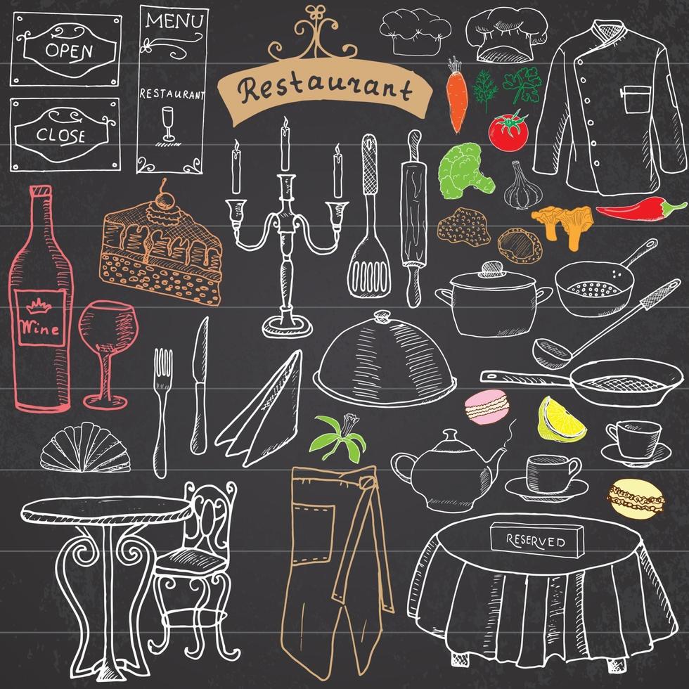 restaurant schets doodles set hand getrokken elementen eten en drinken mes vork menu chef uniform wijnfles ober schort tekening doodle collectie op schoolbord vector