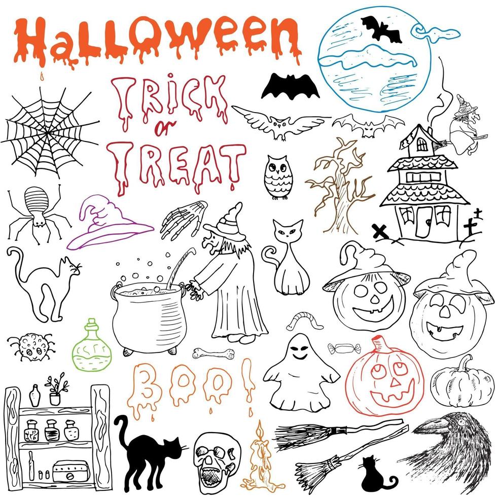 schets van halloween ontwerpelementen met pompoen heks zwarte kat spook schedel vleermuizen spinnen met web doodles set met belettering hand getrokken vectorillustratie op schoolbord achtergrond vector