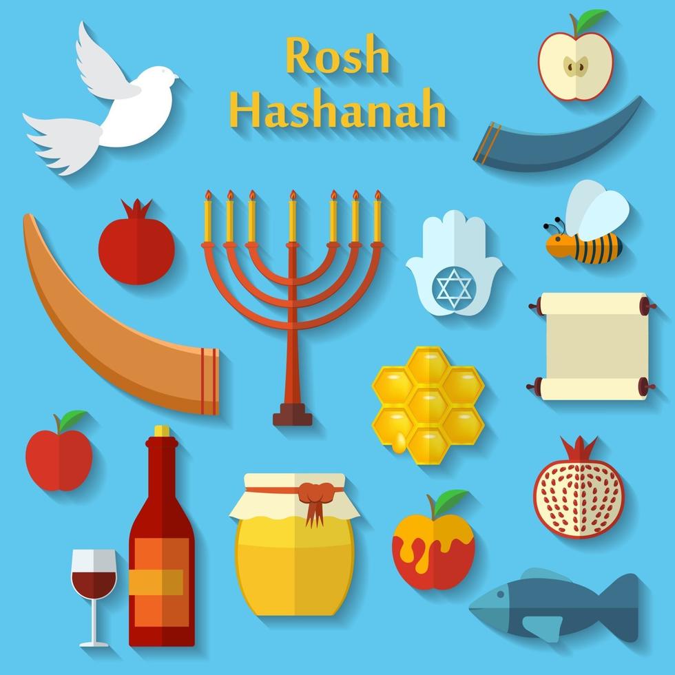 Rosh hashanah shana tova of joods nieuwjaar platte vector pictogrammen instellen met honing appel vis bijen fles torah en andere traditionele items