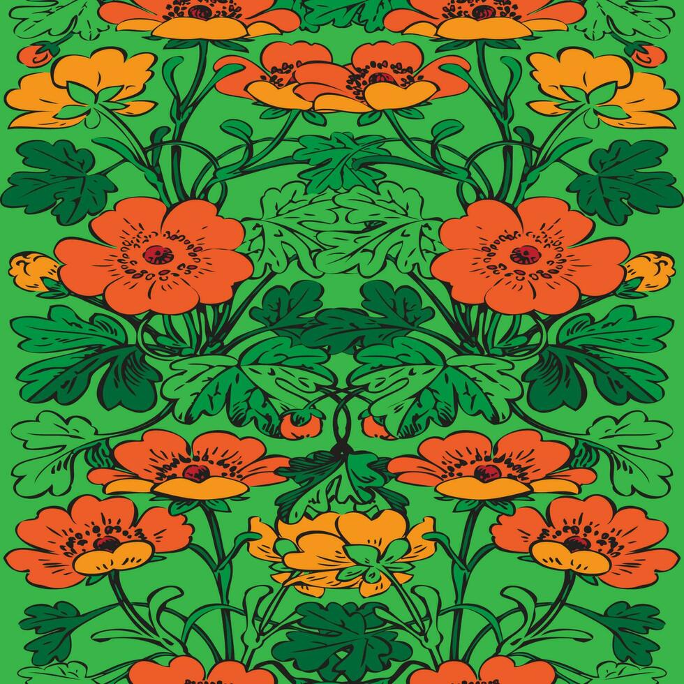 struik van bloemen Aan groen naadloos achtergrond. getrokken rood hibiscus bloemen en gebladerte, artistiek vector illustratie afdrukken. bloemen botanisch modieus patroon. grafisch ontwerp, textiel, kleding stof, behang