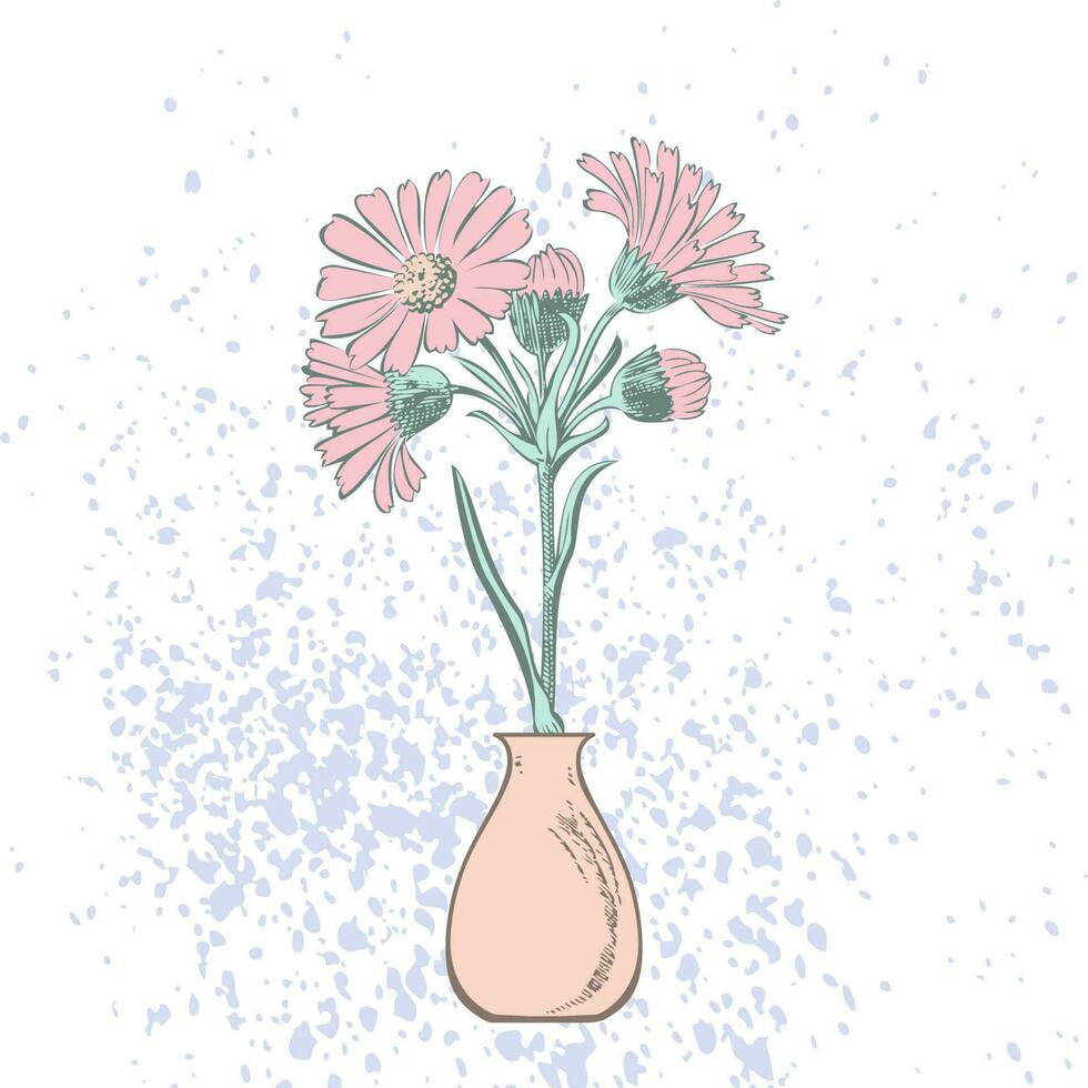 aantrekkelijk geregeld bundel van bloemen in vaas. getrokken chrysant bloemen artistiek vector illustratie. bloemen botanisch bruiloft ornament modieus patroon ontwerp met waterverf spuiten. decoratief kaart