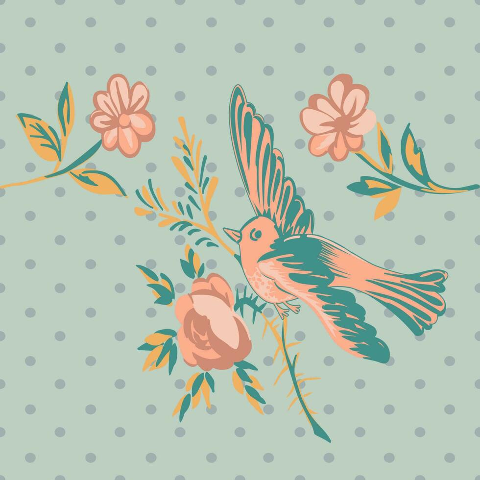 tekening vogel vliegend met bloem rozen tropisch wijnoogst afdrukken, naadloos halftone polka punt patroon retro achtergrond in pastel kleuren. vector illustratie voor ontwerp, mode, textiel, groet kaart