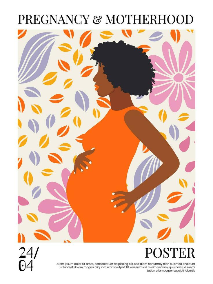 mooi zwanger zwart vrouw. banier of poster voor websites, reclame, groet kaart. moeder dag groet. Gezondheid zorg, vrouw, gelukkig moederschap concept. Afrikaanse Amerikaans dame. vector