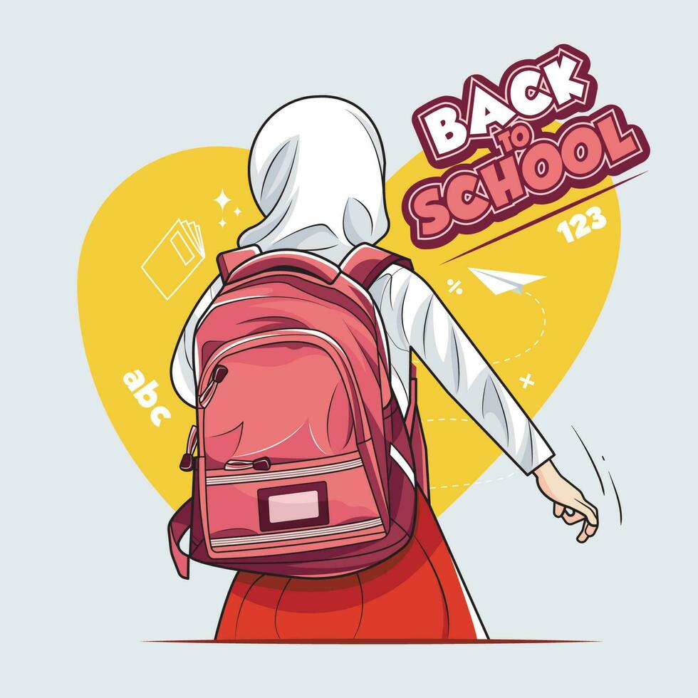 terug naar school. hijab kind meisje is rennen en gaan naar school- met pret vector illustratie vrij downloaden
