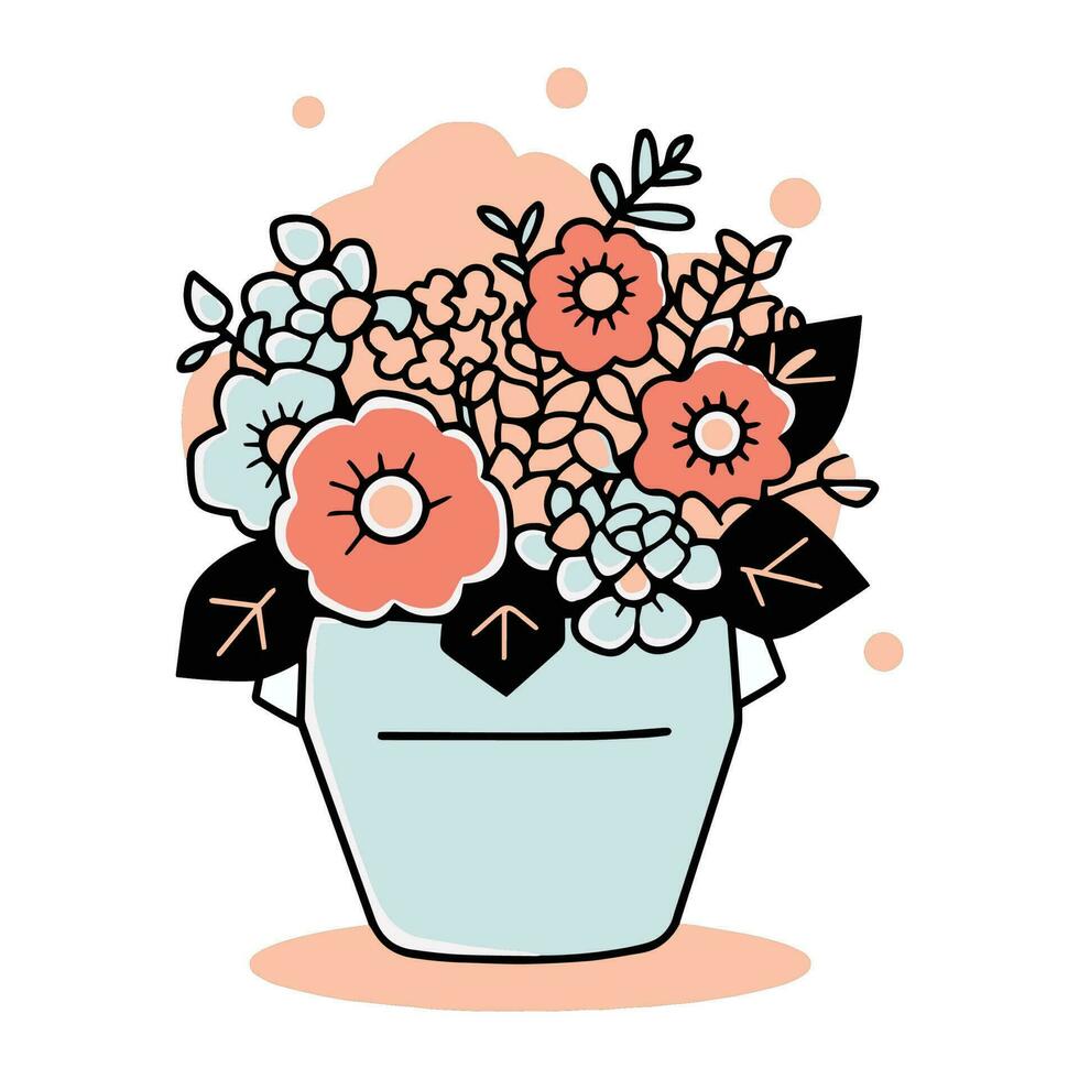 hand- getrokken boeket van bloemen in een pot in tekening stijl vector