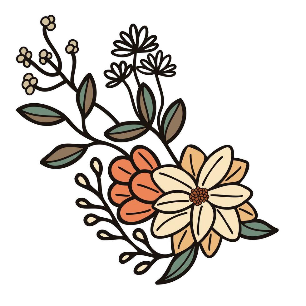 hand- getrokken bloemen met twijgen in tekening stijl vector