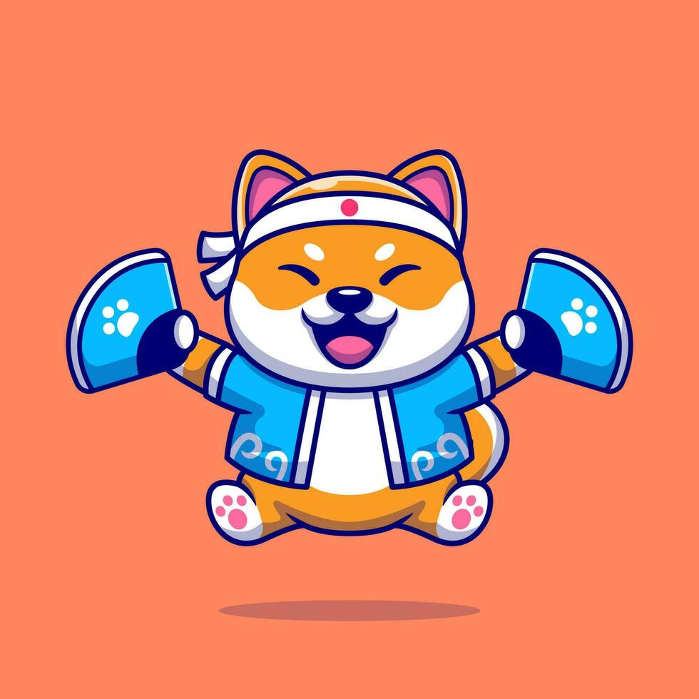 schattig shiba inu hond vervelend Japans kostuum en handheld ventilator tekenfilm vector icoon illustratie. dier mode icoon concept geïsoleerd premie vector. vlak tekenfilm stijl