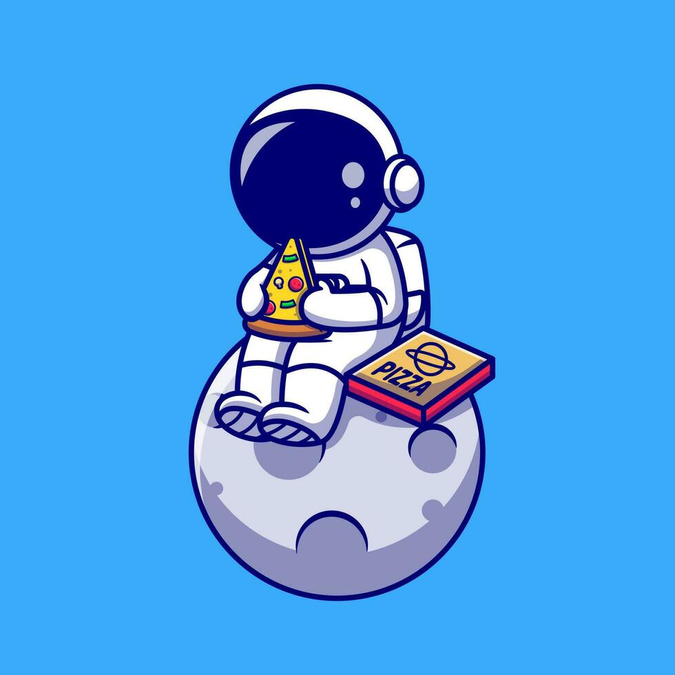schattig astronaut aan het eten pizza Aan de maan tekenfilm vector icoon illustratie. wetenschap voedsel icoon concept geïsoleerd premie vector. vlak tekenfilm stijl