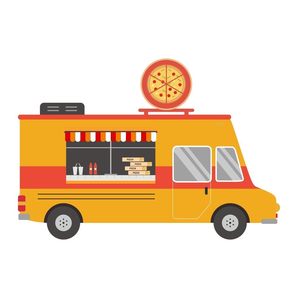 platte cartoon pizza vrachtwagen pictogram vector