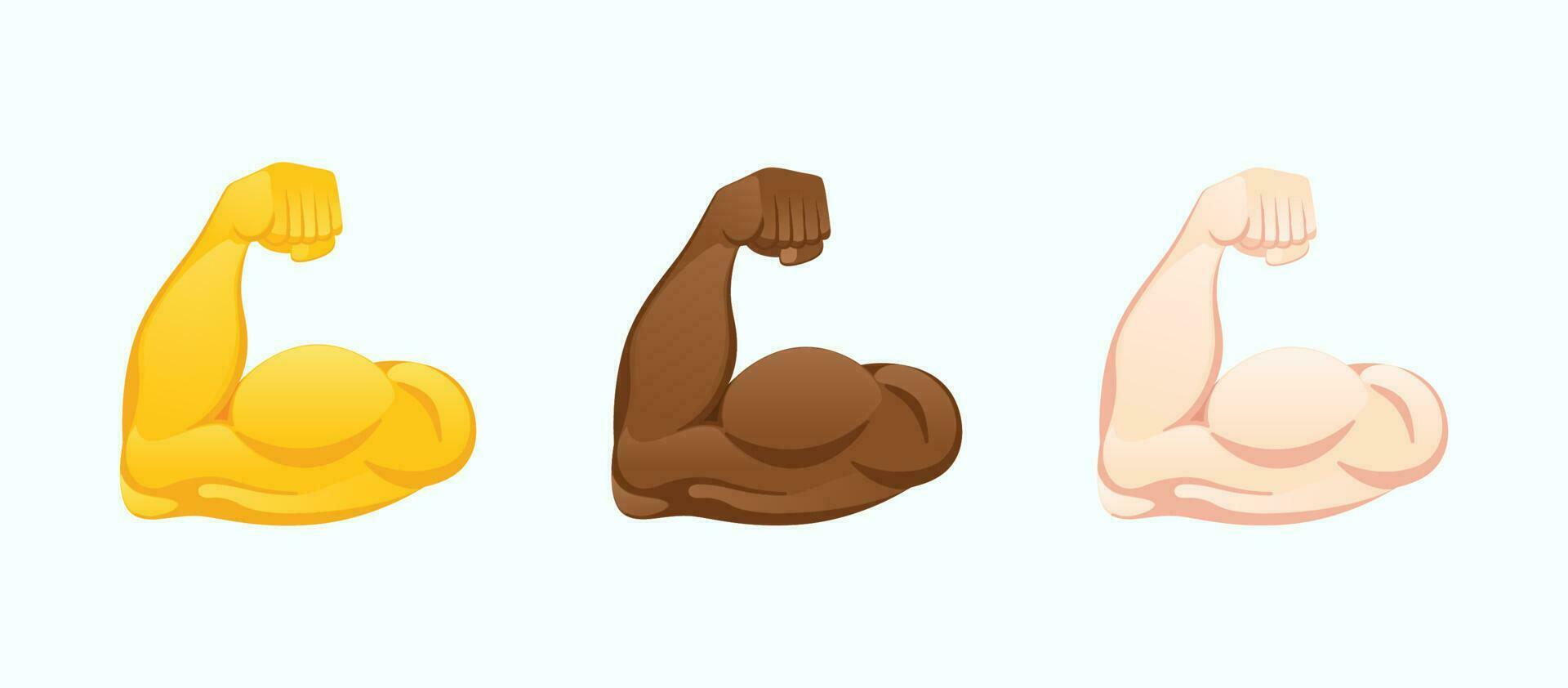 gebogen biceps pictogrammen. sterk spier handen van divers huid tonen gebaar emoji vector illustratie.