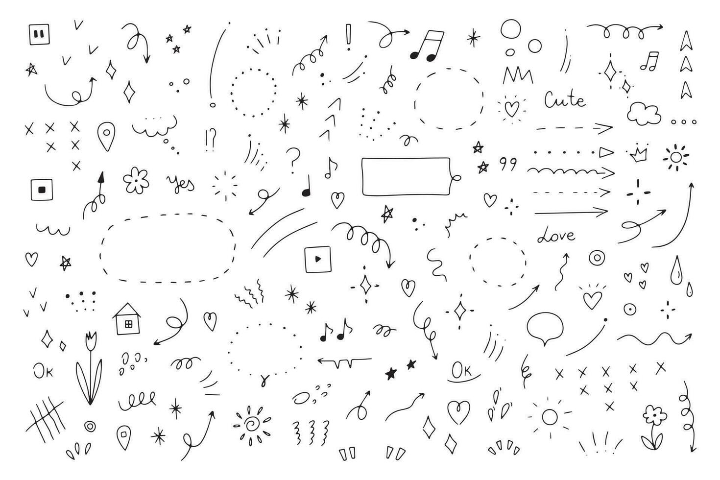 tekening reeks van gemakkelijk decoratief elementen. divers pictogrammen zo net zo harten, sterren, toespraak bubbels, pijlen, lijnen geïsoleerd Aan wit achtergrond. vector