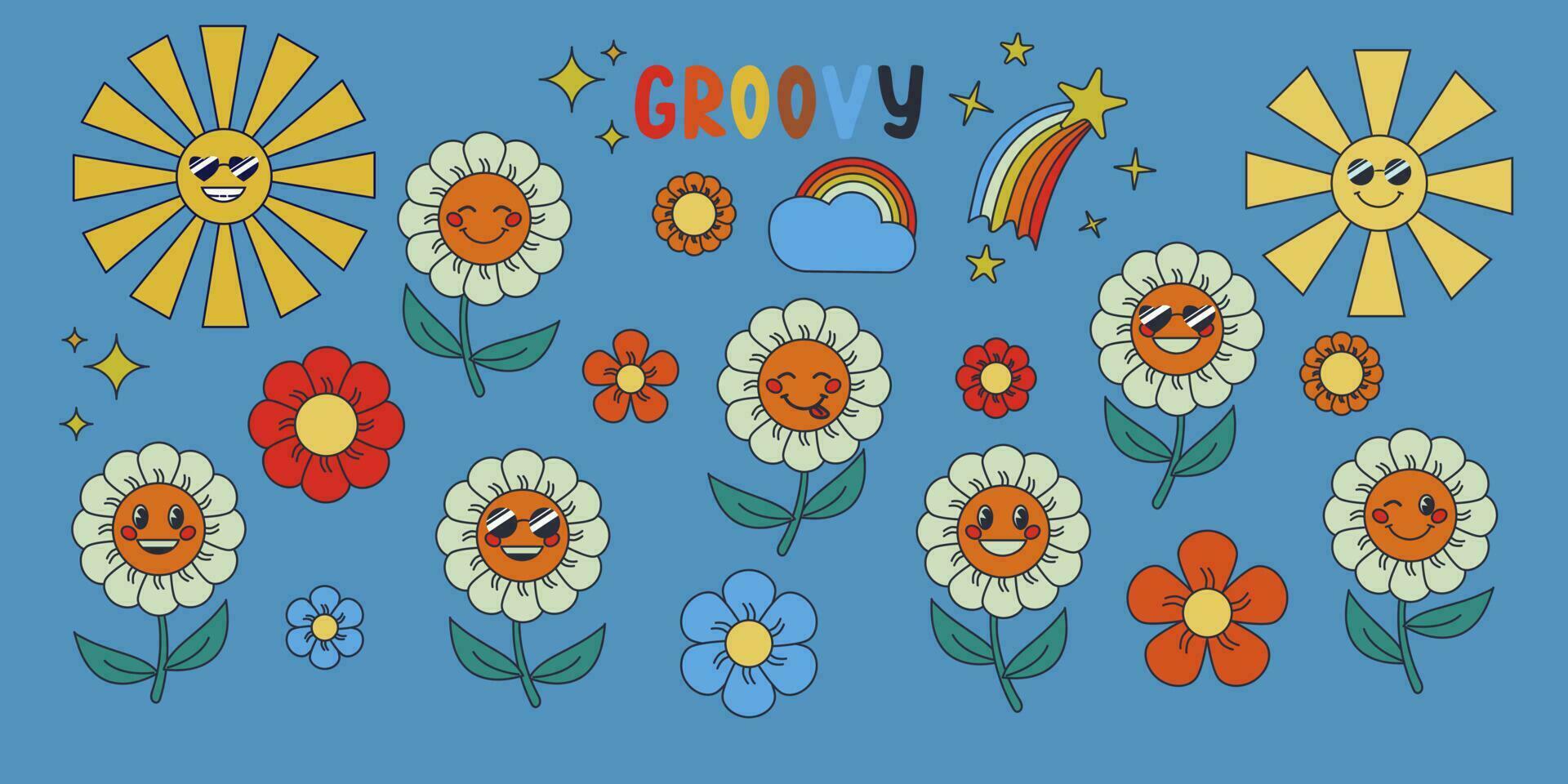 retro groovy tekenfilm bloemen tekens clip art. vector schets geïsoleerd verzameling van zon en madeliefjes met gezichten. perfect voor decoratie, groet kaarten, ansichtkaarten