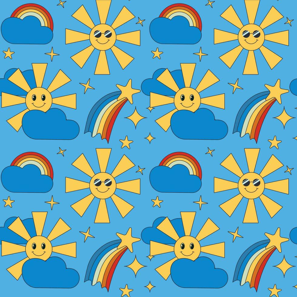 tekenfilm retro kinderachtig naadloos patroon met zon, wolk, regenboog en sterren Aan blauw achtergrond. vector kinderen uniek ontwerp. perfect voor kinderen textiel, behang, inpakken, achtergrond, interieur decor.