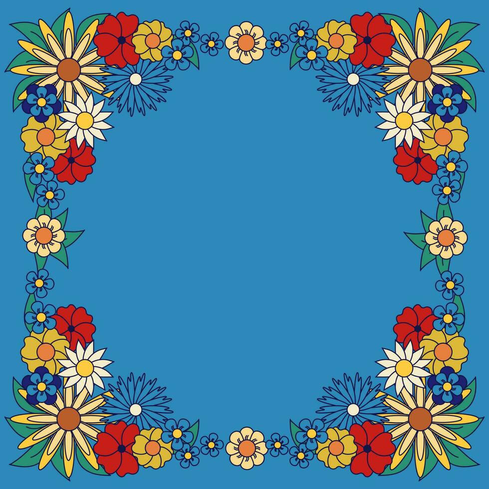 vector banier met retro tekenfilm bloemen kader, sjabloon. uitnodiging botanisch ontwerp. decoratief grens met schets bloemen. illustratie met tekst ruimte Aan blauw achtergrond