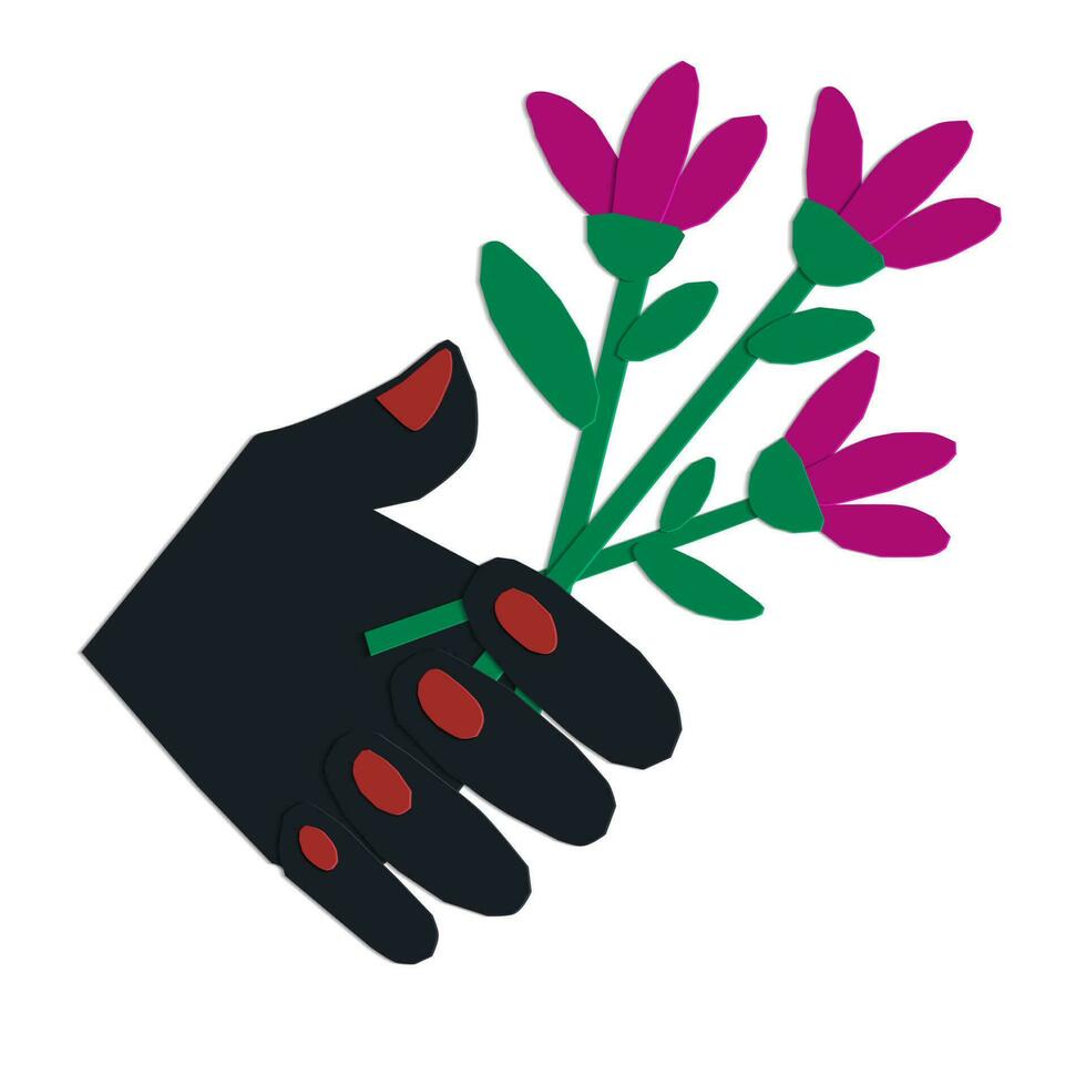 geïsoleerd vector kinderen papercraft samenstelling. zwart hand- met bundel van bloemen Aan wit achtergrond. kinderachtig kaart imitatie illustratie. kan worden gebruikt voor na, grafisch poster, achtergrond