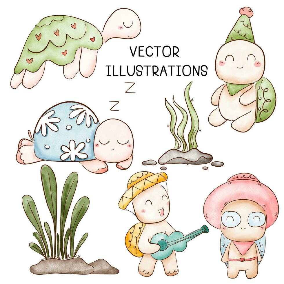 verzameling waterverf schildpad illustratie voor kinderen grafisch klem kunst vector