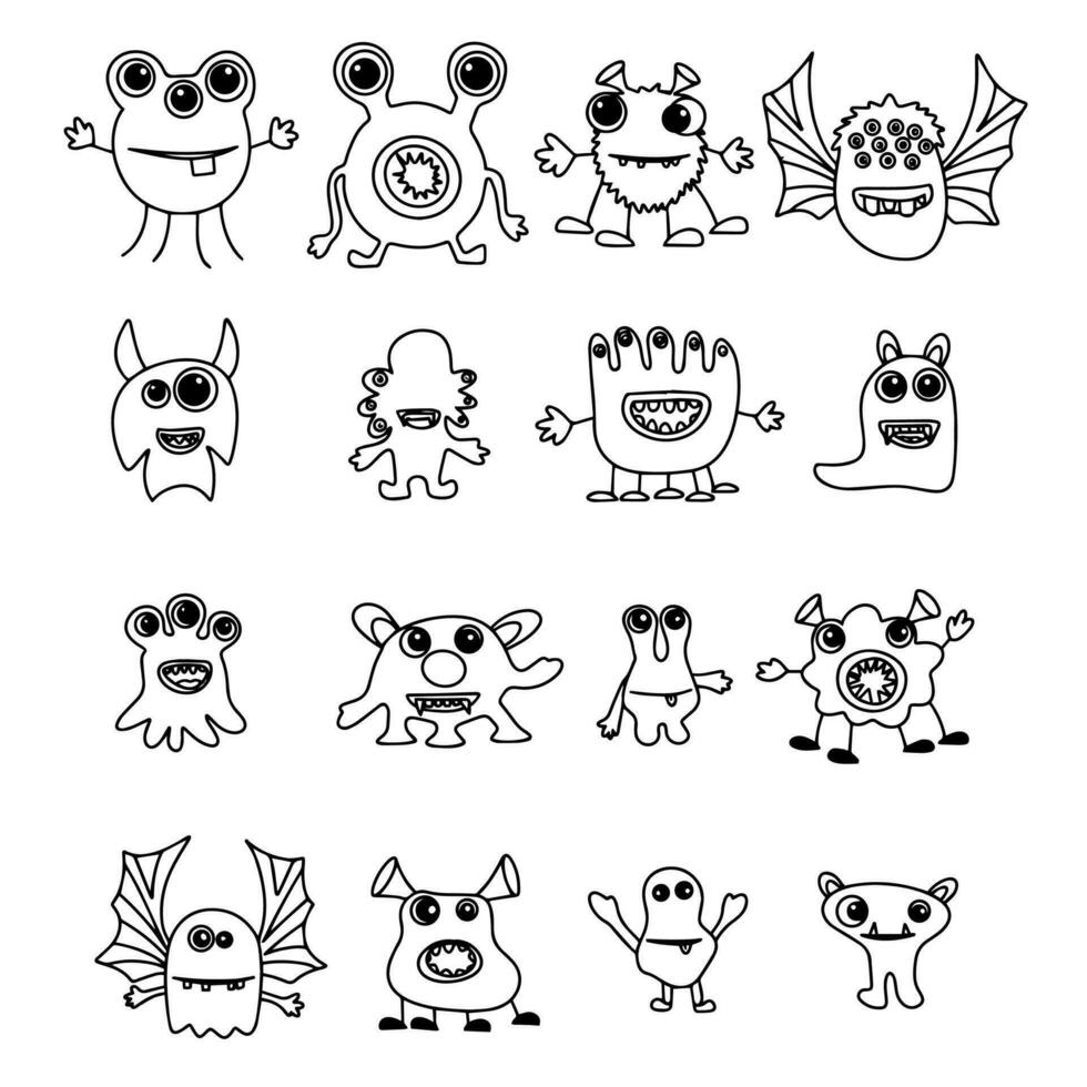 groot verzameling van tekening monsters. hand- getrokken, grappig, schattig, eng monsters. groot reeks monsters. vector illustratie.