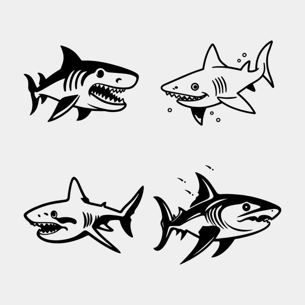 reeks van haaien. tekenfilm oceaan vis karakter. grappig haaien emoties. haai vis mascotte. haaien voor baby, kinderen en familie vector
