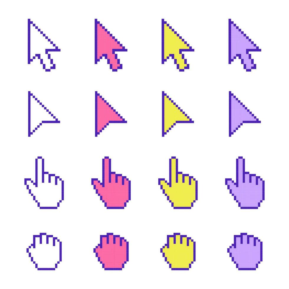 pixel cursor icoon set, hand, pijl, gekleurd, vector illustratie