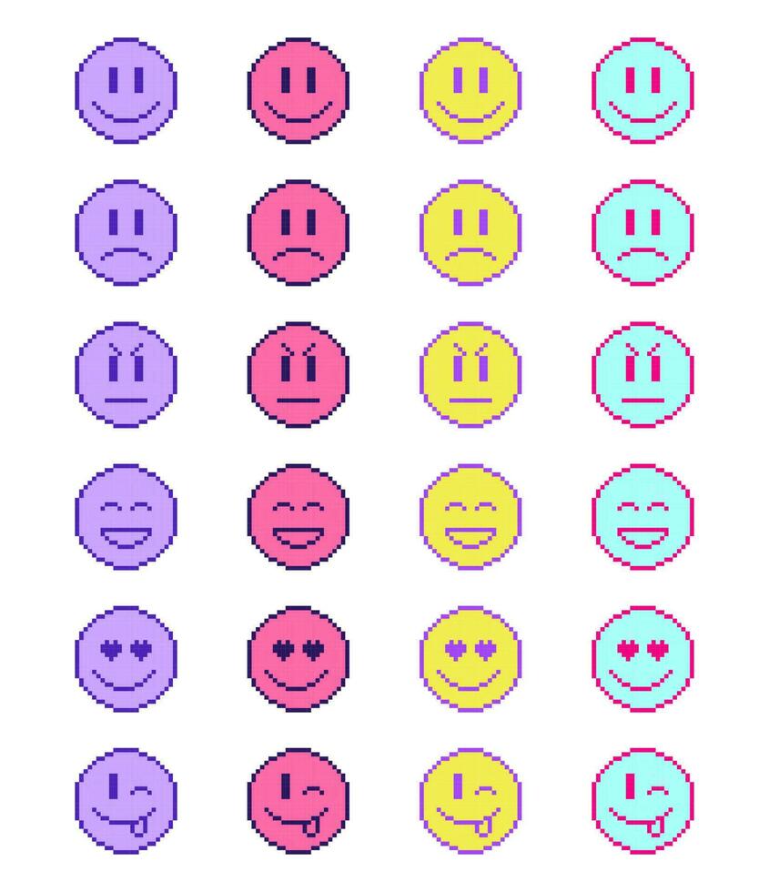 pixel emoji set, kleurrijk emoticon, retro stijl, Jaren 90 jaren 2000, nostalgie, vector illustratie