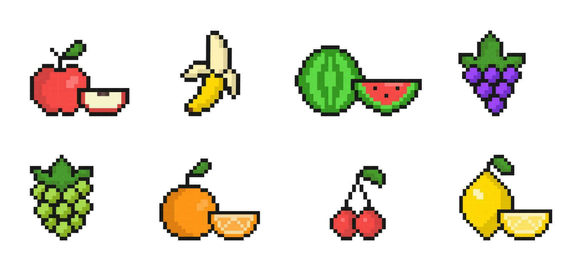 pixel fruit icoon reeks voor spellen of mobiel appjes, kleurrijk pixel kunst, oud stijl 8 beetje pictogrammen, vector verzameling