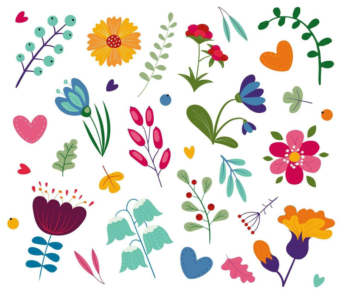 bloem verzameling met bladeren, bloemen boeketten. vector bloemen. voorjaar kunst afdrukken met botanisch elementen.