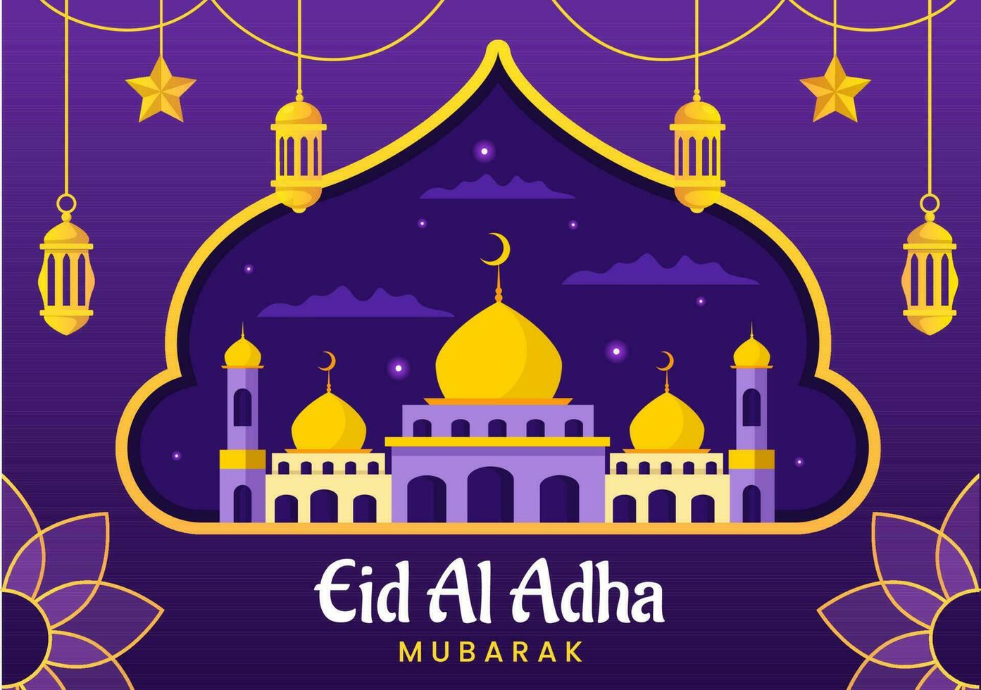 gelukkig eid al adha mubarak vector illustratie van moslims viering met offer dieren geit en koe in vlak tekenfilm hand- getrokken Sjablonen