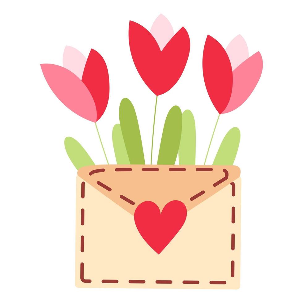 schattige envelop met bloemen en planten binnen en het verzenden van liefde belettering lentebloemen boeket liefdesbrief platte vectorillustratie vector