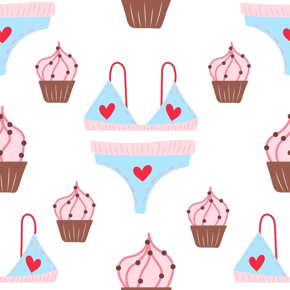 naadloze patroon met schattige roze cupcacke en ondergoed met herts schattig voedsel illustratie voor verpakking en geschenken en feestdagen vector