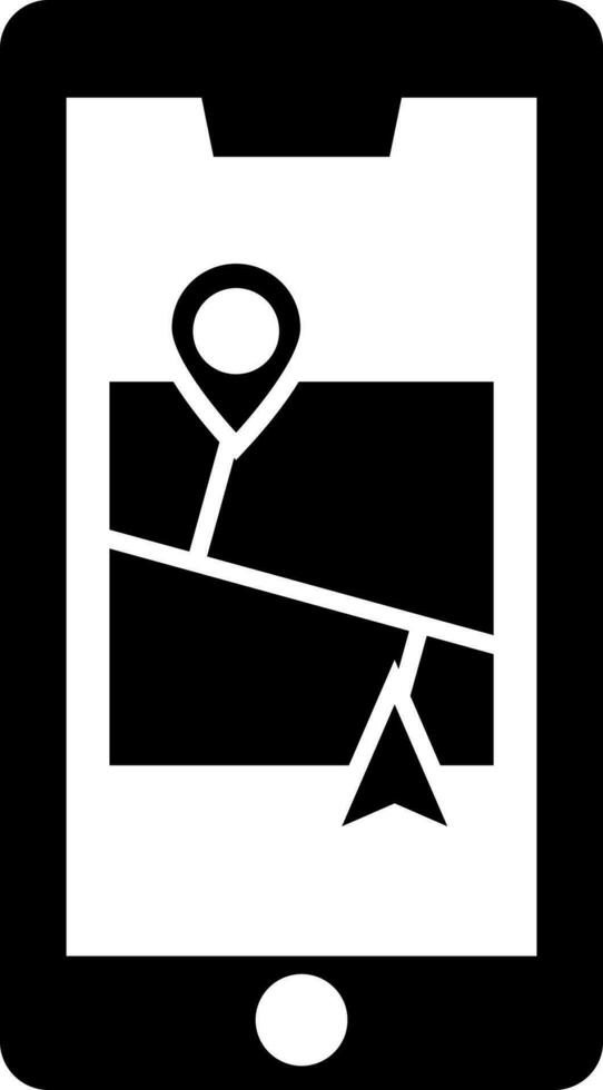 GPS in kaart brengen in slim telefoon. zwart en wit icoon of symbool. vector