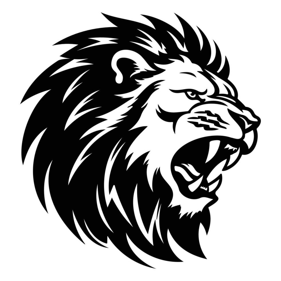 woest leeuw, boos leeuw gezicht kant, leeuw mascotte logo, leeuw zwart en wit dier symbool ontwerp. vector
