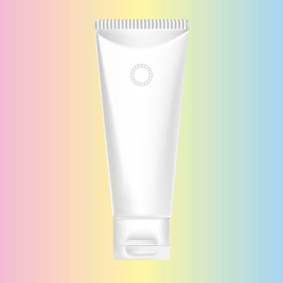 3d huidsverzorging wit buis reiniger schuim gel lotion Plakken touw logo mockup Product illustratie met regenboog achtergrond vector