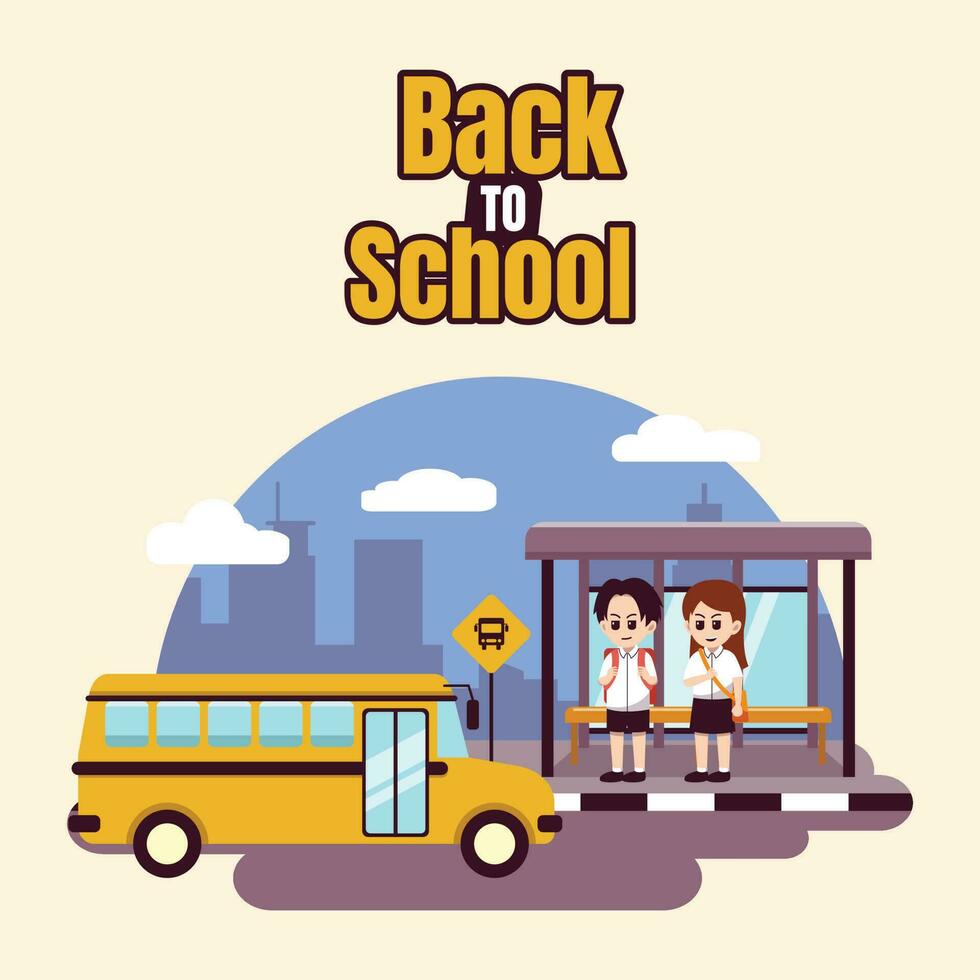 terug naar school- leerling aan het wachten bus in hou op concept schattig illustratie vector