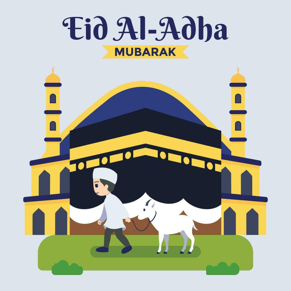eid al-adha mubarak, Mens brengen geit voor qurban, reeks concept schattig illustratie vector