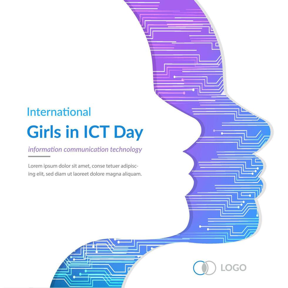 Internationale meisjes in ict dag. Dames gezicht of meisje gezicht in wetenschap dag, digitaal gezicht met stroomkring netwerk concept, ict informatie communicatie technologie vector