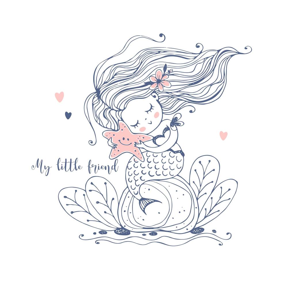 een schattige kleine zeemeermin zit op een rots en houdt een zeester in haar handen vector