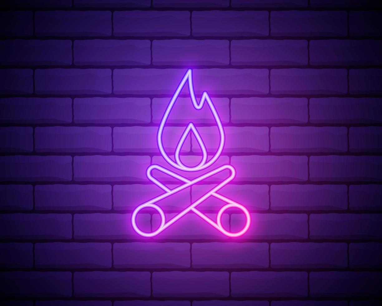 gloeiend neon kampvuur pictogram geïsoleerd op bakstenen muur achtergrond brandend vuur met hout vectorillustratie vector