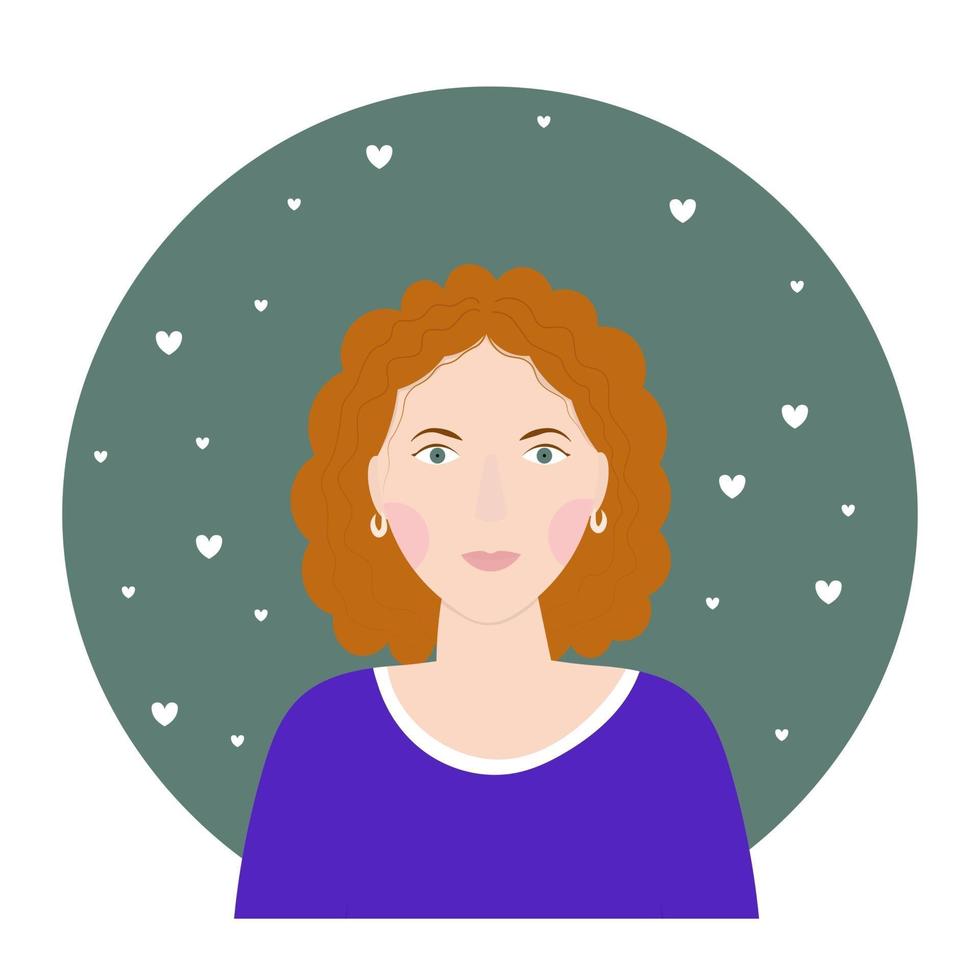 portret van een jonge vrouw van middelbare leeftijd met rood krullend haar profielfoto platte vectorillustratie vector