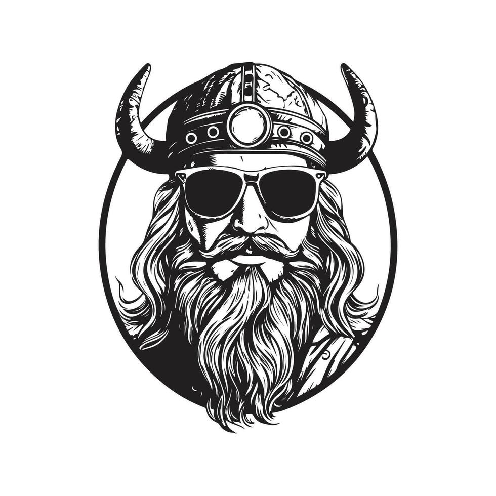 viking vervelend zonnebril, wijnoogst logo lijn kunst concept zwart en wit kleur, hand- getrokken illustratie vector