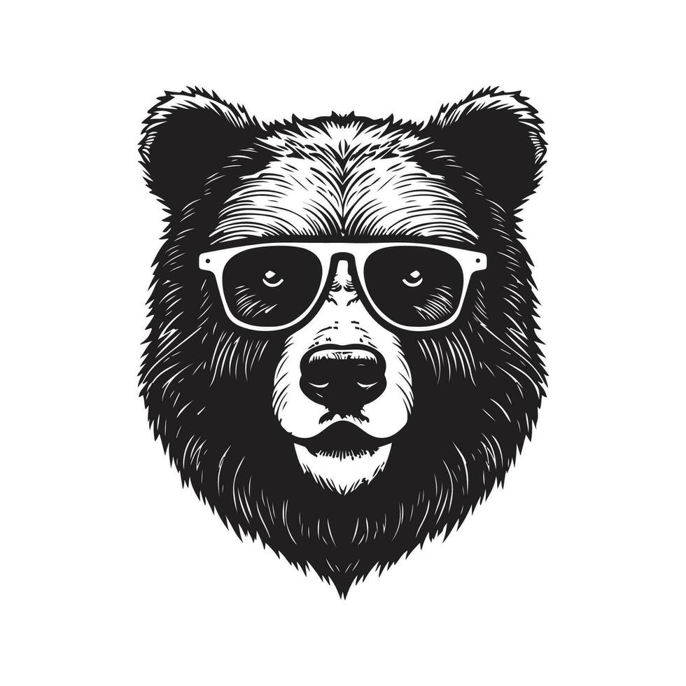 grizzly beer vervelend zonnebril, wijnoogst logo lijn kunst concept zwart en wit kleur, hand- getrokken illustratie vector