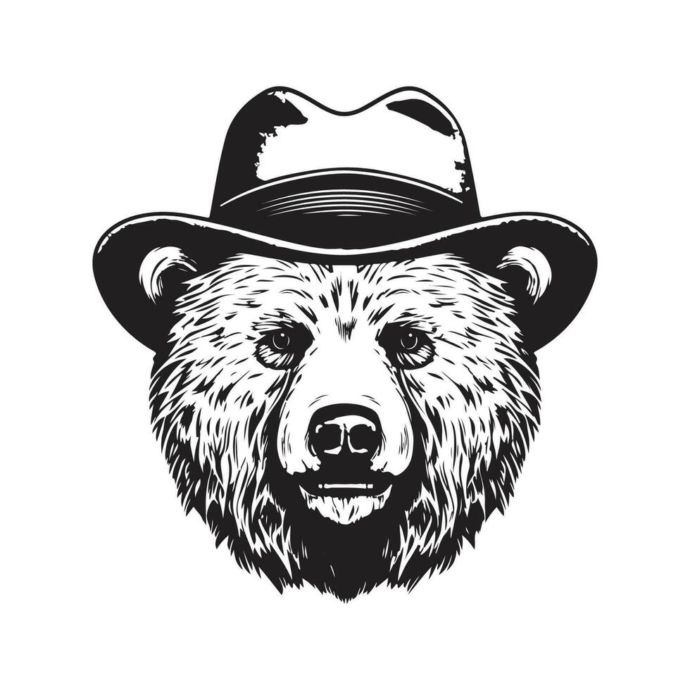 grizzly beer vervelend hoed, wijnoogst logo lijn kunst concept zwart en wit kleur, hand- getrokken illustratie vector