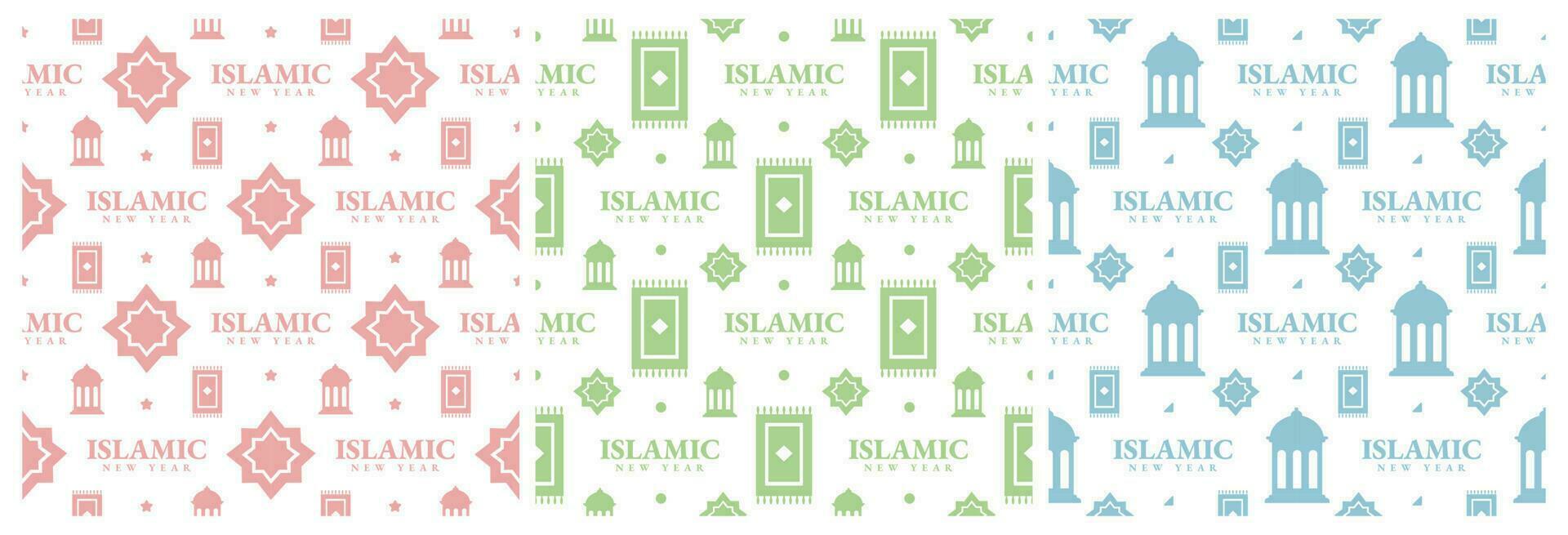 reeks van gelukkig Islamitisch nieuw jaar naadloos patroon ontwerp vlak illustratie met moslims elementen in sjabloon hand- getrokken vector