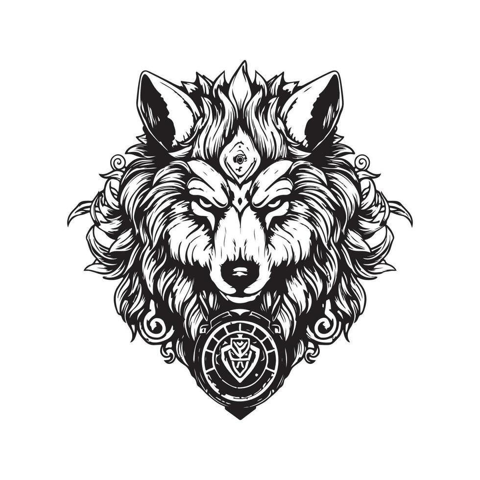 fantasie wolf strijder, wijnoogst logo lijn kunst concept zwart en wit kleur, hand- getrokken illustratie vector