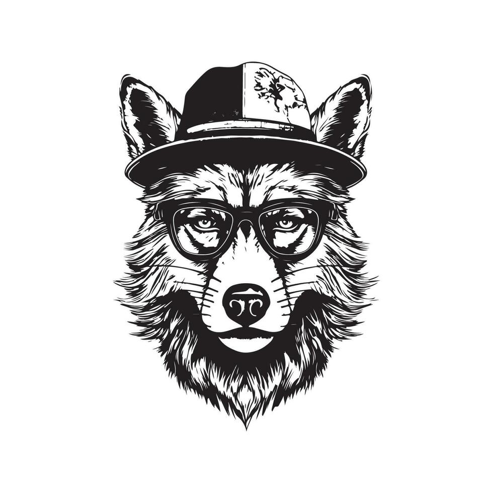 hipster wolf, wijnoogst logo lijn kunst concept zwart en wit kleur, hand- getrokken illustratie vector