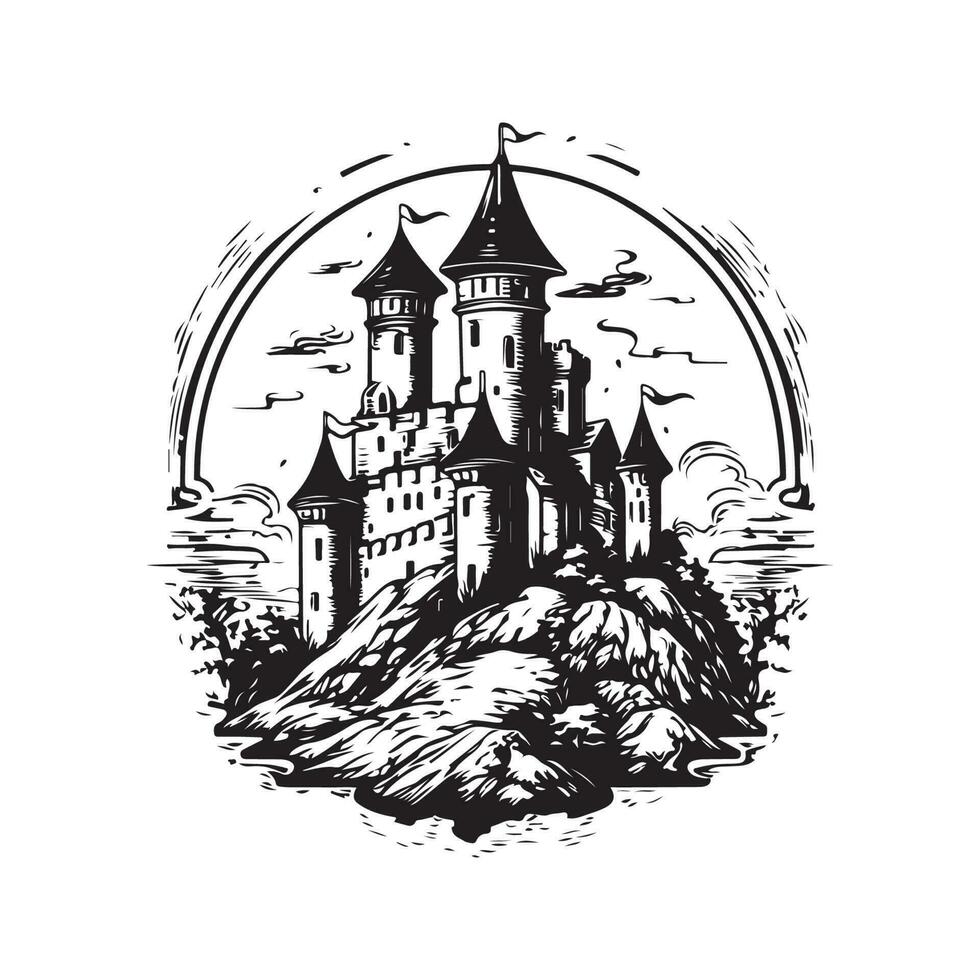 middeleeuws kasteel, wijnoogst logo lijn kunst concept zwart en wit kleur, hand- getrokken illustratie vector