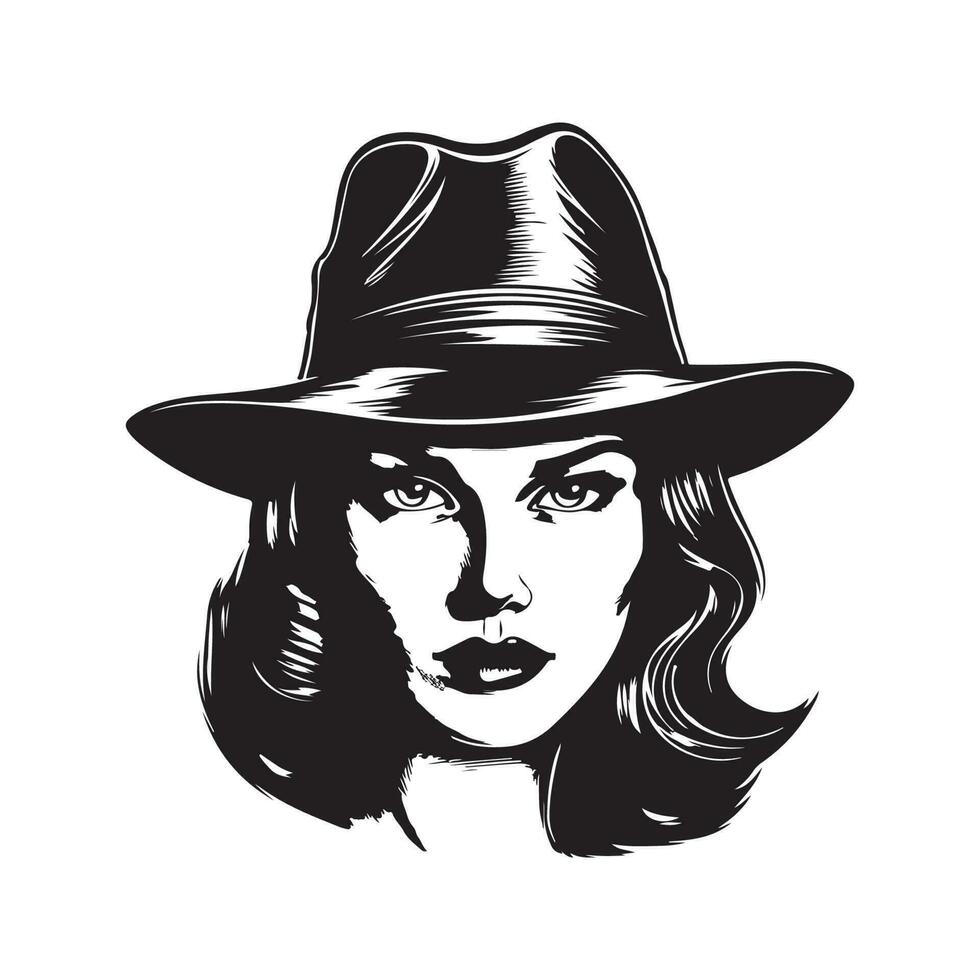 gangster vrouw vervelend fedora, wijnoogst logo lijn kunst concept zwart en wit kleur, hand- getrokken illustratie vector