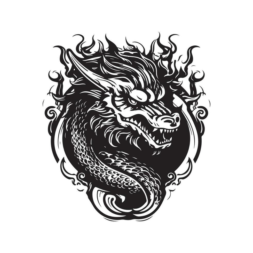 gevaarlijk draak, wijnoogst logo lijn kunst concept zwart en wit kleur, hand- getrokken illustratie vector
